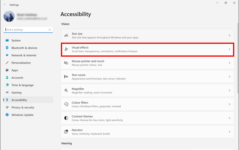 Open the Accessibility settings and click on Visual effects under Vision